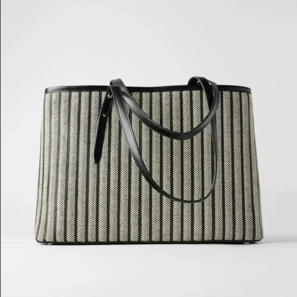 Zara grey & black textured fabric shopper